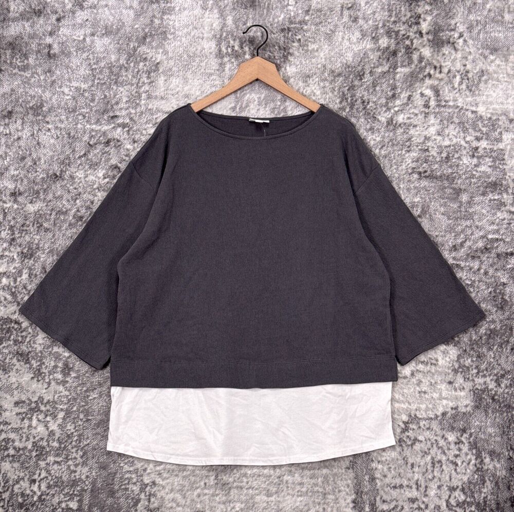 New J Jill Top Large Womens Gray Cotton Linen Tiered Pullover Tunic